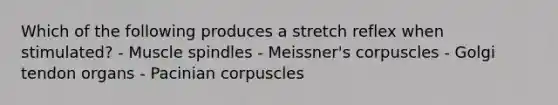 Which of the following produces a stretch reflex when stimulated? - Muscle spindles - Meissner's corpuscles - Golgi tendon organs - Pacinian corpuscles