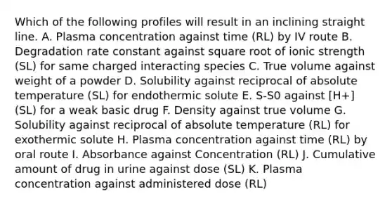 Which of the following profiles will result in an inclining straight line. A. Plasma concentration against time (RL) by IV route B. Degradation rate constant against square root of ionic strength (SL) for same charged interacting species C. True volume against weight of a powder D. Solubility against reciprocal of absolute temperature (SL) for endothermic solute E. S-S0 against [H+] (SL) for a weak basic drug F. Density against true volume G. Solubility against reciprocal of absolute temperature (RL) for exothermic solute H. Plasma concentration against time (RL) by oral route I. Absorbance against Concentration (RL) J. Cumulative amount of drug in urine against dose (SL) K. Plasma concentration against administered dose (RL)