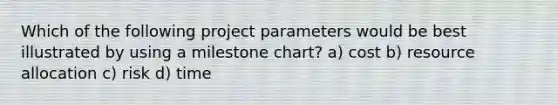 Which of the following project parameters would be best illustrated by using a milestone chart? a) cost b) resource allocation c) risk d) time