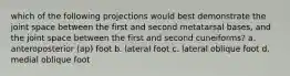 which of the following projections would best demonstrate the joint space between the first and second metatarsal bases, and the joint space between the first and second cuneiforms? a. anteroposterior (ap) foot b. lateral foot c. lateral oblique foot d. medial oblique foot