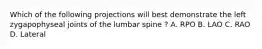 Which of the following projections will best demonstrate the left zygapophyseal joints of the lumbar spine ? A. RPO B. LAO C. RAO D. Lateral