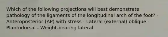 Which of the following projections will best demonstrate pathology of the ligaments of the longitudinal arch of the foot? - Anteroposterior (AP) with stress - Lateral (external) oblique - Plantodorsal - Weight-bearing lateral