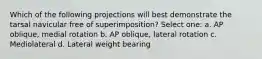 Which of the following projections will best demonstrate the tarsal navicular free of superimposition? Select one: a. AP oblique, medial rotation b. AP oblique, lateral rotation c. Mediolateral d. Lateral weight bearing