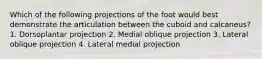 Which of the following projections of the foot would best demonstrate the articulation between the cuboid and calcaneus? 1. Dorsoplantar projection 2. Medial oblique projection 3. Lateral oblique projection 4. Lateral medial projection