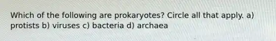 Which of the following are prokaryotes? Circle all that apply. a) protists b) viruses c) bacteria d) archaea