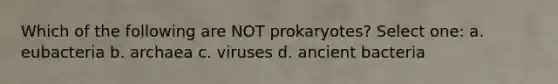 Which of the following are NOT prokaryotes? Select one: a. eubacteria b. archaea c. viruses d. ancient bacteria
