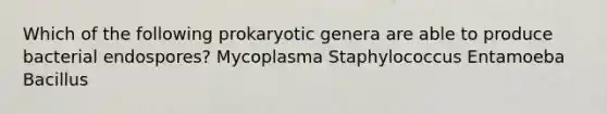 Which of the following prokaryotic genera are able to produce bacterial endospores? Mycoplasma Staphylococcus Entamoeba Bacillus