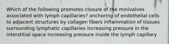 Which of the following promotes closure of the minivalves associated with lymph capillaries? anchoring of endothelial cells to adjacent structures by collagen fibers inflammation of tissues surrounding lymphatic capillaries increasing pressure in the interstitial space increasing pressure inside the lymph capillary