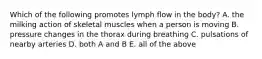 Which of the following promotes lymph flow in the body? A. the milking action of skeletal muscles when a person is moving B. pressure changes in the thorax during breathing C. pulsations of nearby arteries D. both A and B E. all of the above