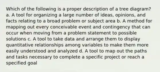 Which of the following is a proper description of a tree diagram? a. A tool for organizing a large number of ideas, opinions, and facts relating to a broad problem or subject area b. A method for mapping out every conceivable event and contingency that can occur when moving from a problem statement to possible solutions c. A tool to take data and arrange them to display quantitative relationships among variables to make them more easily understood and analyzed d. A tool to map out the paths and tasks necessary to complete a specific project or reach a specified goal