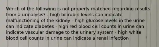 Which of the following is not properly matched regarding results from a urinalysis? - high bilirubin levels can indicate malfunctioning of the kidney - high glucose levels in the urine can indicate diabetes - high red blood cell counts in urine can indicate vascular damage to the urinary system - high white blood cell counts in urine can indicate a renal infection