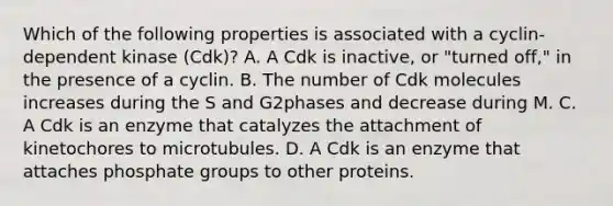 Which of the following properties is associated with a cyclin-dependent kinase (Cdk)? A. A Cdk is inactive, or "turned off," in the presence of a cyclin. B. The number of Cdk molecules increases during the S and G2phases and decrease during M. C. A Cdk is an enzyme that catalyzes the attachment of kinetochores to microtubules. D. A Cdk is an enzyme that attaches phosphate groups to other proteins.