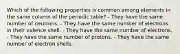 Which of the following properties is common among elements in the same column of the periodic table? - They have the same number of neutrons. - They have the same number of electrons in their valence shell. - They have the same number of electrons. - They have the same number of protons. - They have the same number of electron shells.