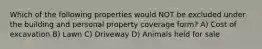 Which of the following properties would NOT be excluded under the building and personal property coverage form? A) Cost of excavation B) Lawn C) Driveway D) Animals held for sale