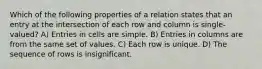 Which of the following properties of a relation states that an entry at the intersection of each row and column is single-valued? A) Entries in cells are simple. B) Entries in columns are from the same set of values. C) Each row is unique. D) The sequence of rows is insignificant.