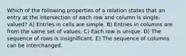 Which of the following properties of a relation states that an entry at the intersection of each row and column is single-valued? A) Entries in cells are simple. B) Entries in columns are from the same set of values. C) Each row is unique. D) The sequence of rows is insignificant. E) The sequence of columns can be interchanged.