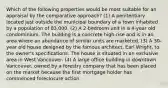 Which of the following properties would be most suitable for an appraisal by the comparative approach? (1) A penitentiary located just outside the municipal boundary of a town inhabited by a population of 83,000. (2) A 2-bedroom unit in a 4-year old condominium. The building is a concrete high-rise and is in an area where an abundance of similar units are marketed. (3) A 30-year old house designed by the famous architect, Earl Wright, to the owner's specifications. The house is situated in an exclusive area in West Vancouver. (4) A large office building in downtown Vancouver, owned by a forestry company that has been placed on the market because the first mortgage holder has commenced foreclosure action.