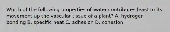 Which of the following properties of water contributes least to its movement up the vascular tissue of a plant? A. hydrogen bonding B. specific heat C. adhesion D. cohesion