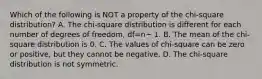 Which of the following is NOT a property of the​ chi-square distribution? A. The​ chi-square distribution is different for each number of degrees of​ freedom, df=n− 1. B. The mean of the​ chi-square distribution is 0. C. The values of​ chi-square can be zero or​ positive, but they cannot be negative. D. The​ chi-square distribution is not symmetric.