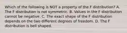 Which of the following is NOT a property of the F​ distribution? A. The F distribution is not symmetric. B. Values in the F distribution cannot be negative. C. The exact shape of the F distribution depends on the two different degrees of freedom. D. The F distribution is bell shaped.