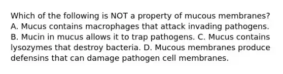 Which of the following is NOT a property of mucous membranes? A. Mucus contains macrophages that attack invading pathogens. B. Mucin in mucus allows it to trap pathogens. C. Mucus contains lysozymes that destroy bacteria. D. Mucous membranes produce defensins that can damage pathogen cell membranes.