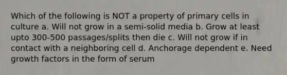 Which of the following is NOT a property of primary cells in culture a. Will not grow in a semi-solid media b. Grow at least upto 300-500 passages/splits then die c. Will not grow if in contact with a neighboring cell d. Anchorage dependent e. Need growth factors in the form of serum