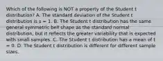 Which of the following is NOT a property of the Student t distribution? A. The standard deviation of the Student t distribution is s = 1. B. The Student t distribution has the same general symmetric bell shape as the standard normal distribution, but it reflects the greater variability that is expected with small samples. C. The Student t distribution has a mean of t = 0. D. The Student t distribution is different for different sample sizes.