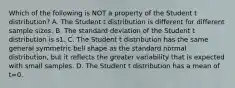 Which of the following is NOT a property of the Student t​ distribution? A. The Student t distribution is different for different sample sizes. B. The standard deviation of the Student t distribution is s1. C. The Student t distribution has the same general symmetric bell shape as the standard normal​ distribution, but it reflects the greater variability that is expected with small samples. D. The Student t distribution has a mean of t=0.