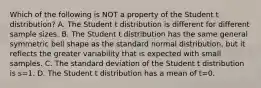 Which of the following is NOT a property of the Student t​ distribution? A. The Student t distribution is different for different sample sizes. B. The Student t distribution has the same general symmetric bell shape as the standard normal​ distribution, but it reflects the greater variability that is expected with small samples. C. The standard deviation of the Student t distribution is s=1. D. The Student t distribution has a mean of t=0.