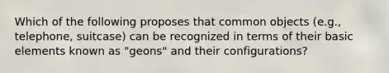 Which of the following proposes that common objects (e.g., telephone, suitcase) can be recognized in terms of their basic elements known as "geons" and their configurations?