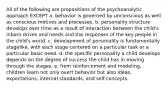 All of the following are propositions of the psychoanalytic approach EXCEPT a. behavior is governed by unconscious as well as conscious motives and processes. b. personality structure develops over time as a result of interaction between the child's inborn drives and needs and the responses of the key people in the child's world. c. development of personality is fundamentally stagelike, with each stage centered on a particular task or a particular basic need. d. the specific personality a child develops depends on the degree of success the child has in moving through the stages. e. from reinforcement and modeling, children learn not only overt behavior but also ideas, expectations, internal standards, and self-concepts.