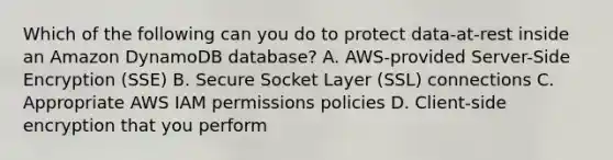 Which of the following can you do to protect data-at-rest inside an Amazon DynamoDB database? A. AWS-provided Server-Side Encryption (SSE) B. Secure Socket Layer (SSL) connections C. Appropriate AWS IAM permissions policies D. Client-side encryption that you perform