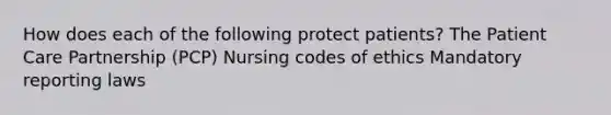 How does each of the following protect patients? The Patient Care Partnership (PCP) Nursing codes of ethics Mandatory reporting laws