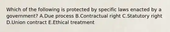 Which of the following is protected by specific laws enacted by a​ government? A.Due process B.Contractual right C.Statutory right D.Union contract E.Ethical treatment