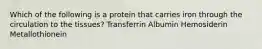 Which of the following is a protein that carries iron through the circulation to the tissues? Transferrin Albumin Hemosiderin Metallothionein