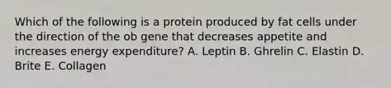 Which of the following is a protein produced by fat cells under the direction of the ob gene that decreases appetite and increases energy expenditure? A. Leptin B. Ghrelin C. Elastin D. Brite E. Collagen