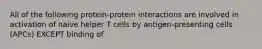 All of the following protein-protein interactions are involved in activation of naive helper T cells by antigen-presenting cells (APCs) EXCEPT binding of