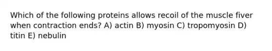 Which of the following proteins allows recoil of the muscle fiver when contraction ends? A) actin B) myosin C) tropomyosin D) titin E) nebulin