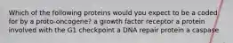 Which of the following proteins would you expect to be a coded for by a proto-oncogene? a growth factor receptor a protein involved with the G1 checkpoint a DNA repair protein a caspase