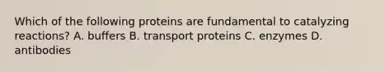 Which of the following proteins are fundamental to catalyzing reactions? A. buffers B. transport proteins C. enzymes D. antibodies