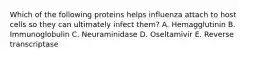 Which of the following proteins helps influenza attach to host cells so they can ultimately infect them? A. Hemagglutinin B. Immunoglobulin C. Neuraminidase D. Oseltamivir E. Reverse transcriptase