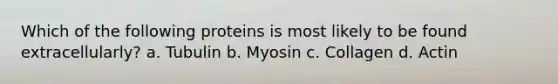 Which of the following proteins is most likely to be found extracellularly? a. Tubulin b. Myosin c. Collagen d. Actin