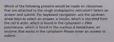 Which of the following proteins would be made on ribosomes that are attached to the rough endoplasmic reticulum? Select an answer and submit. For keyboard navigation, use the up/down arrow keys to select an answer. a insulin, which is secreted from the cell b actin, which is found in the cytoplasm c DNA polymerase, which is found in the nucleus d hexokinase, an enzyme that works in the cytoplasm Please enter an answer to submit.