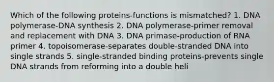 Which of the following proteins-functions is mismatched? 1. DNA polymerase-DNA synthesis 2. DNA polymerase-primer removal and replacement with DNA 3. DNA primase-production of RNA primer 4. topoisomerase-separates double-stranded DNA into single strands 5. single-stranded binding proteins-prevents single DNA strands from reforming into a double heli