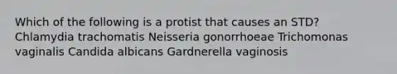 Which of the following is a protist that causes an STD? Chlamydia trachomatis Neisseria gonorrhoeae Trichomonas vaginalis Candida albicans Gardnerella vaginosis