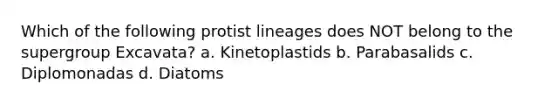 Which of the following protist lineages does NOT belong to the supergroup Excavata? a. Kinetoplastids b. Parabasalids c. Diplomonadas d. Diatoms