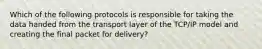 Which of the following protocols is responsible for taking the data handed from the transport layer of the TCP/IP model and creating the final packet for delivery?