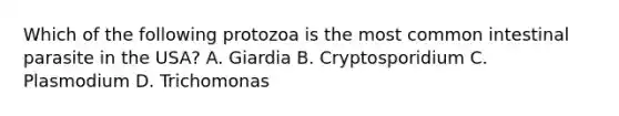 Which of the following protozoa is the most common intestinal parasite in the USA? A. Giardia B. Cryptosporidium C. Plasmodium D. Trichomonas