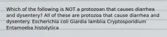 Which of the following is NOT a protozoan that causes diarrhea and dysentery? All of these are protozoa that cause diarrhea and dysentery. Escherichia coli Giardia lamblia Cryptosporidium Entamoeba histolytica