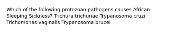 Which of the following protozoan pathogens causes African Sleeping Sickness? Trichura trichuriae Trypanosoma cruzi Trichomonas vaginalis Trypanosoma brucei